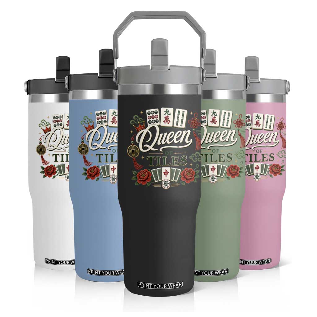 Mahjong Lovers Flip Straw Tumbler Queen Of Tiles Game Night Graphic