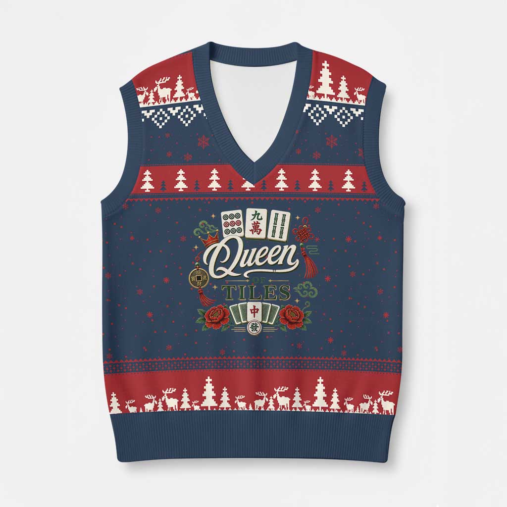 Mahjong Lovers V-Neck Knit Sweater Vest Queen Of Tiles Game Night Graphic