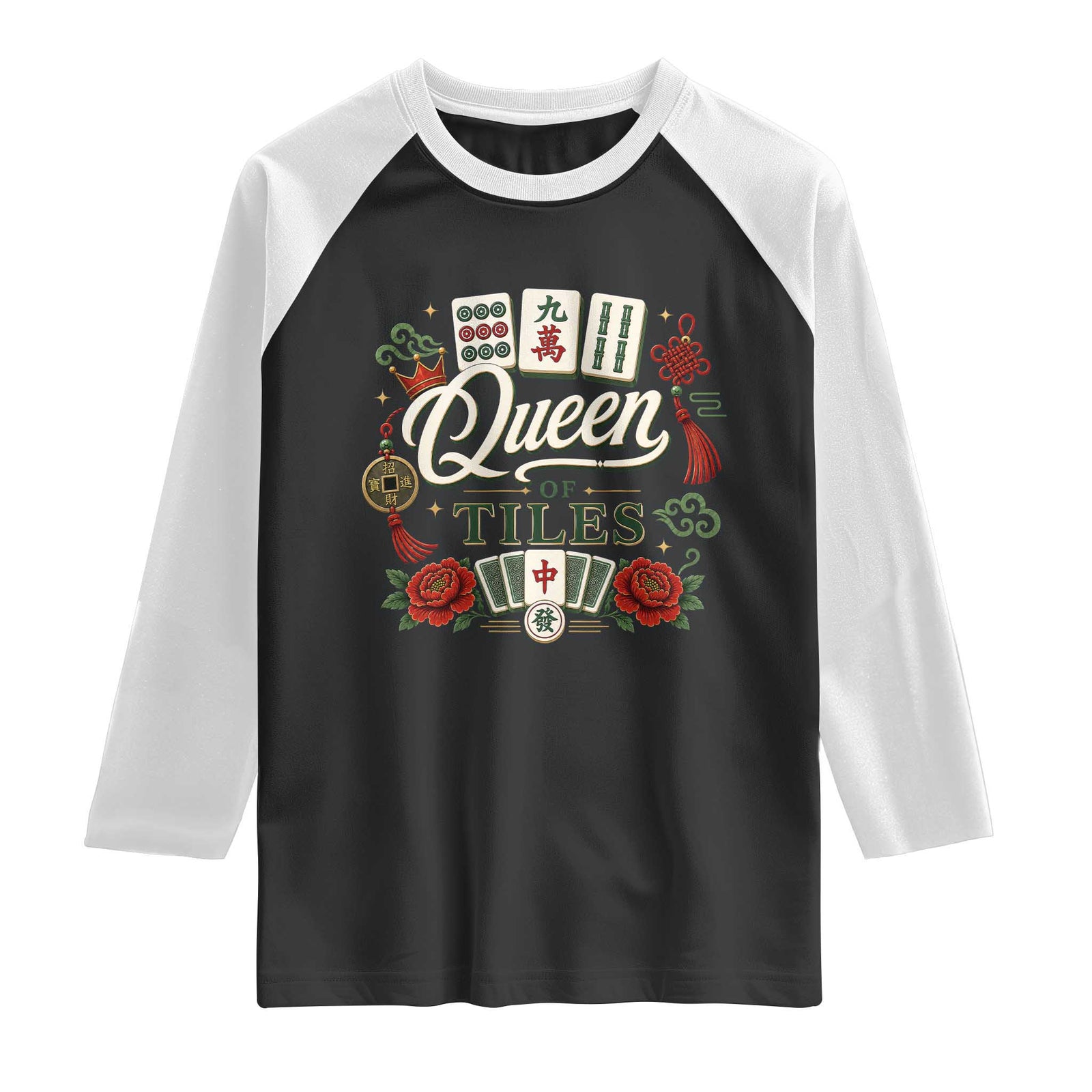 Mahjong Lovers Raglan Shirt Queen Of Tiles Game Night Graphic TS10 Black White Print Your Wear