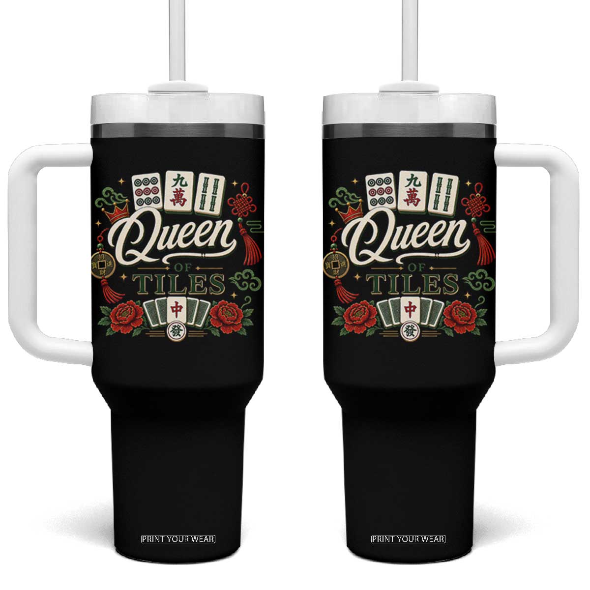 Mahjong Lovers Tumbler With Handle Queen Of Tiles Game Night Graphic