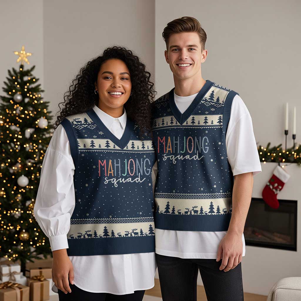 Mahjong Lovers Mahj Squad V-Neck Knit Sweater Vest Boho Pastel Cute Game Night Graphic