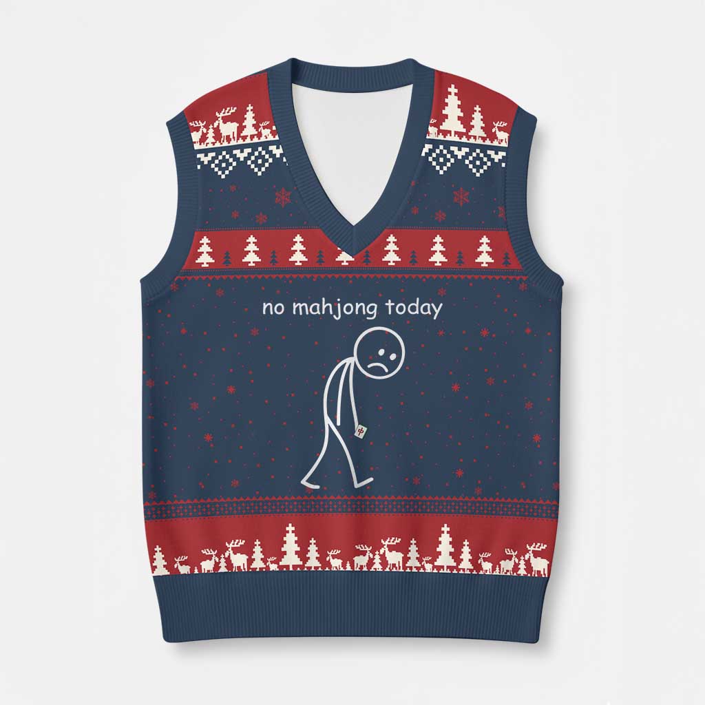 Funny Mahjong Lover V-Neck Knit Sweater Vest No Mahjong Today Sad Stickman Meme Graphic TS10 Navy Red Print Your Wear