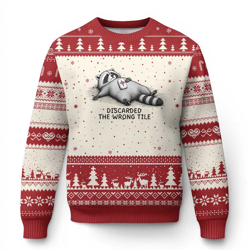 Funny Raccoon Mahjong Lovers Ugly Christmas Sweater Discarded The Wrong Tile