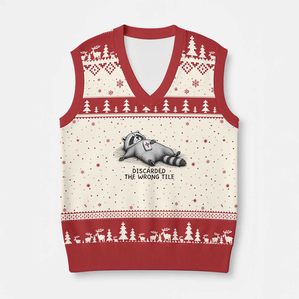 Funny Raccoon Mahjong Lovers V-Neck Knit Sweater Vest Discarded The Wrong Tile TS10 Beige Red Print Your Wear