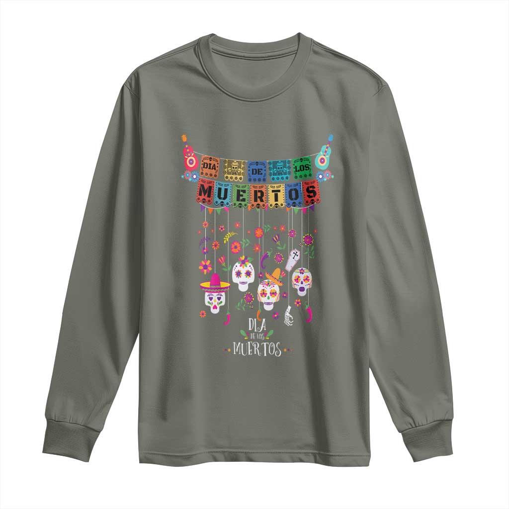 Dia De Los Muertos Funny Day Of The Dead Long Sleeve Shirt Hanging Sugar Skull Skulls Halloween TS10 Military Green Print Your Wear