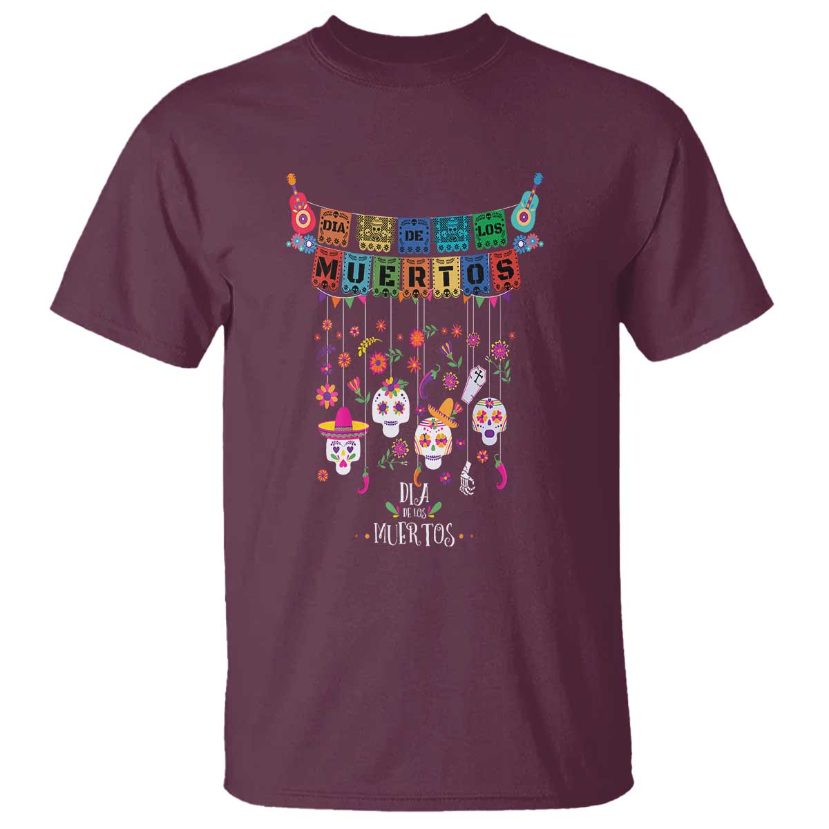 Dia De Los Muertos Funny Day Of The Dead T Shirt Hanging Sugar Skull Skulls Halloween TS10 Maroon Print Your Wear