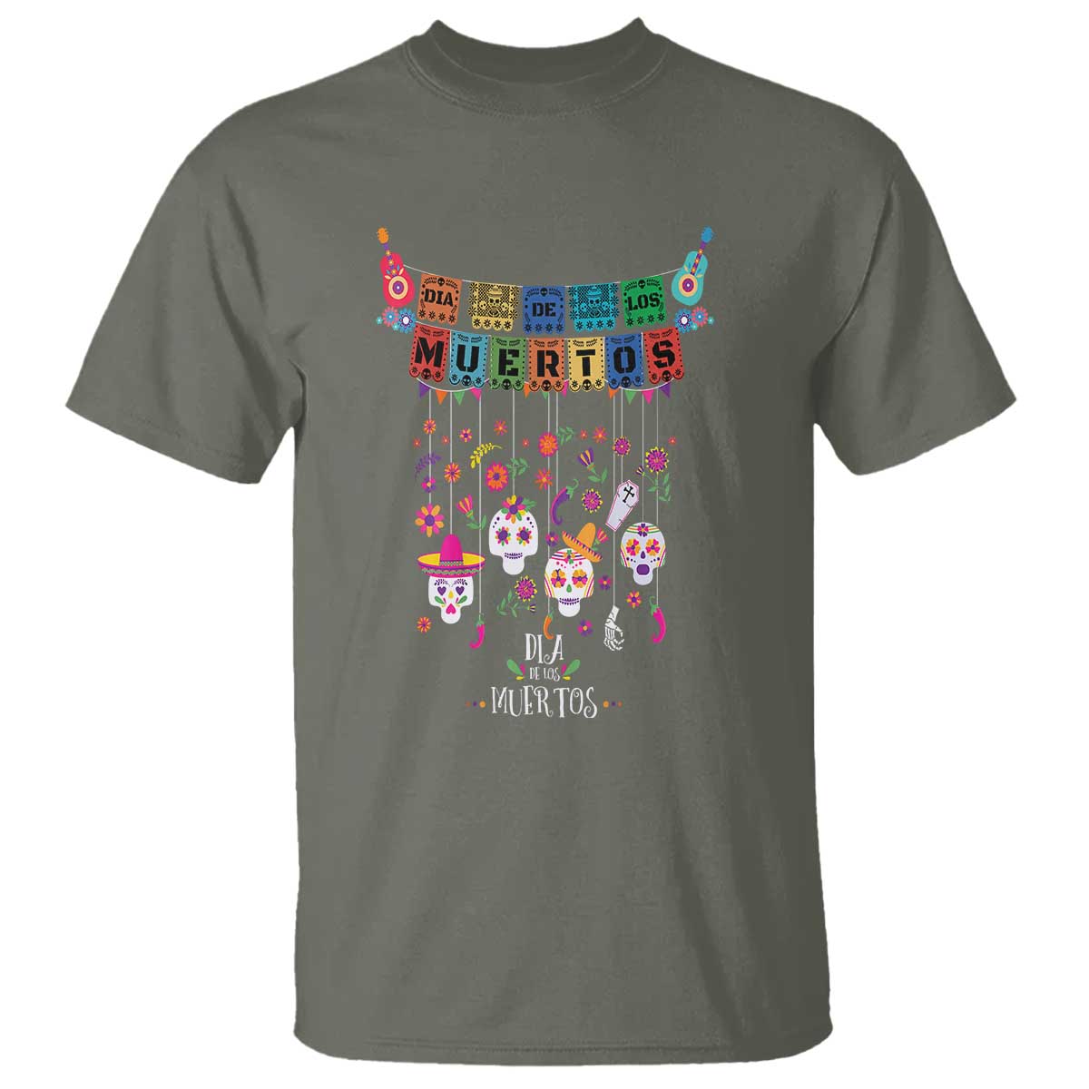 Dia De Los Muertos Funny Day Of The Dead T Shirt Hanging Sugar Skull Skulls Halloween TS10 Military Green Print Your Wear