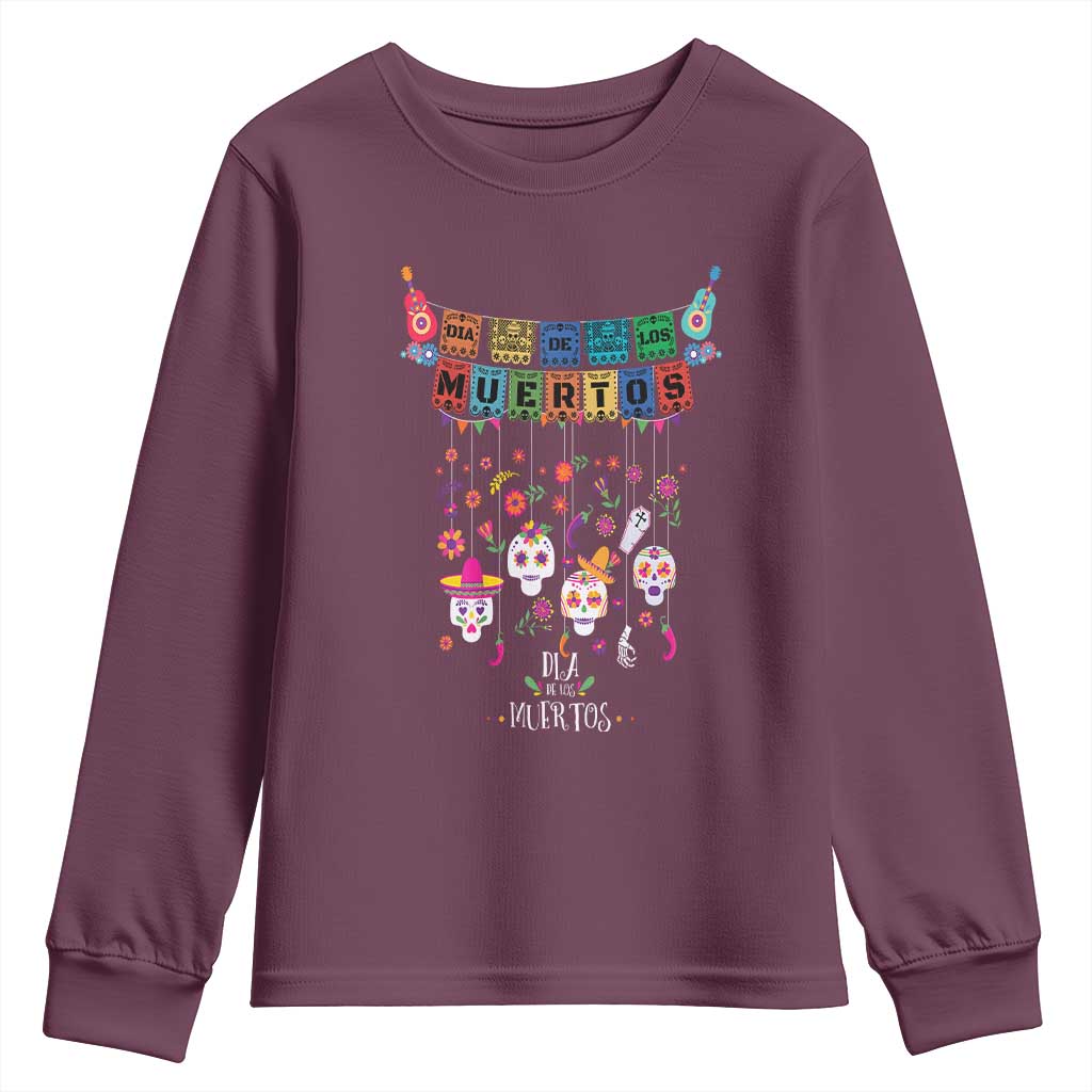 Dia De Los Muertos Funny Day Of The Dead Youth Sweatshirt Hanging Sugar Skull Skulls Halloween TS10 Maroon Print Your Wear