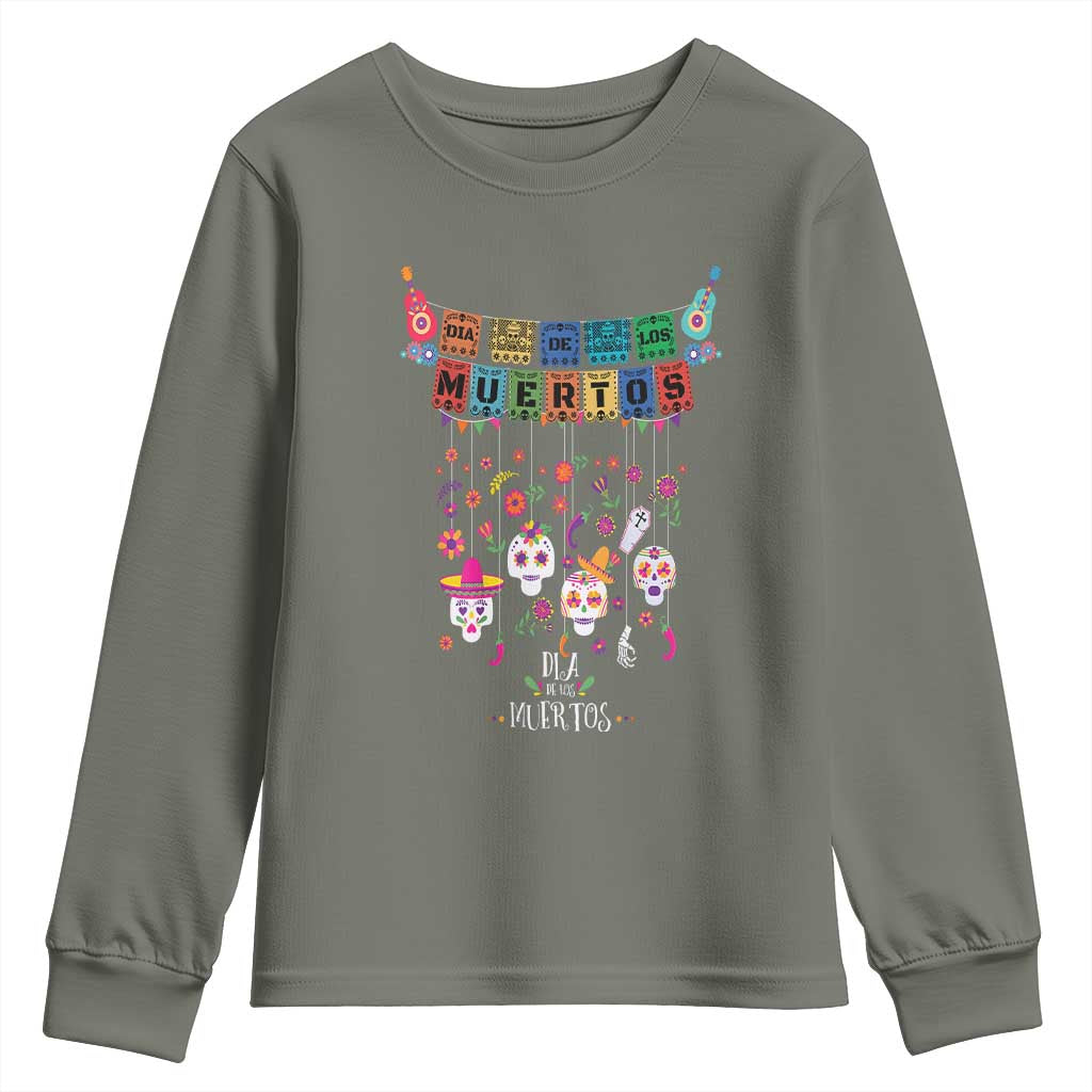 Dia De Los Muertos Funny Day Of The Dead Youth Sweatshirt Hanging Sugar Skull Skulls Halloween TS10 Military Green Print Your Wear