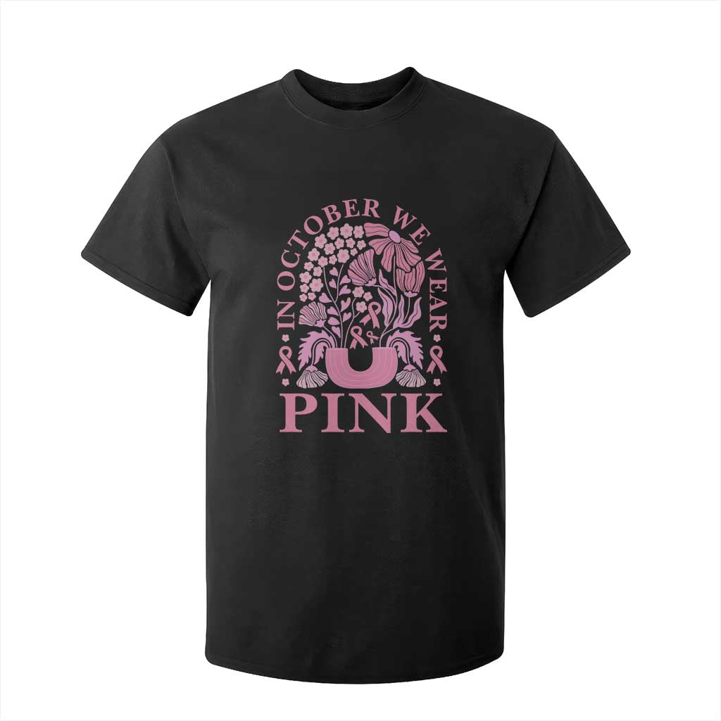 Breast Cancer Awareness Month T Shirt For Kid Boho Floral Vintage Floral Pink Ribbon TS10 Black Print Your Wear