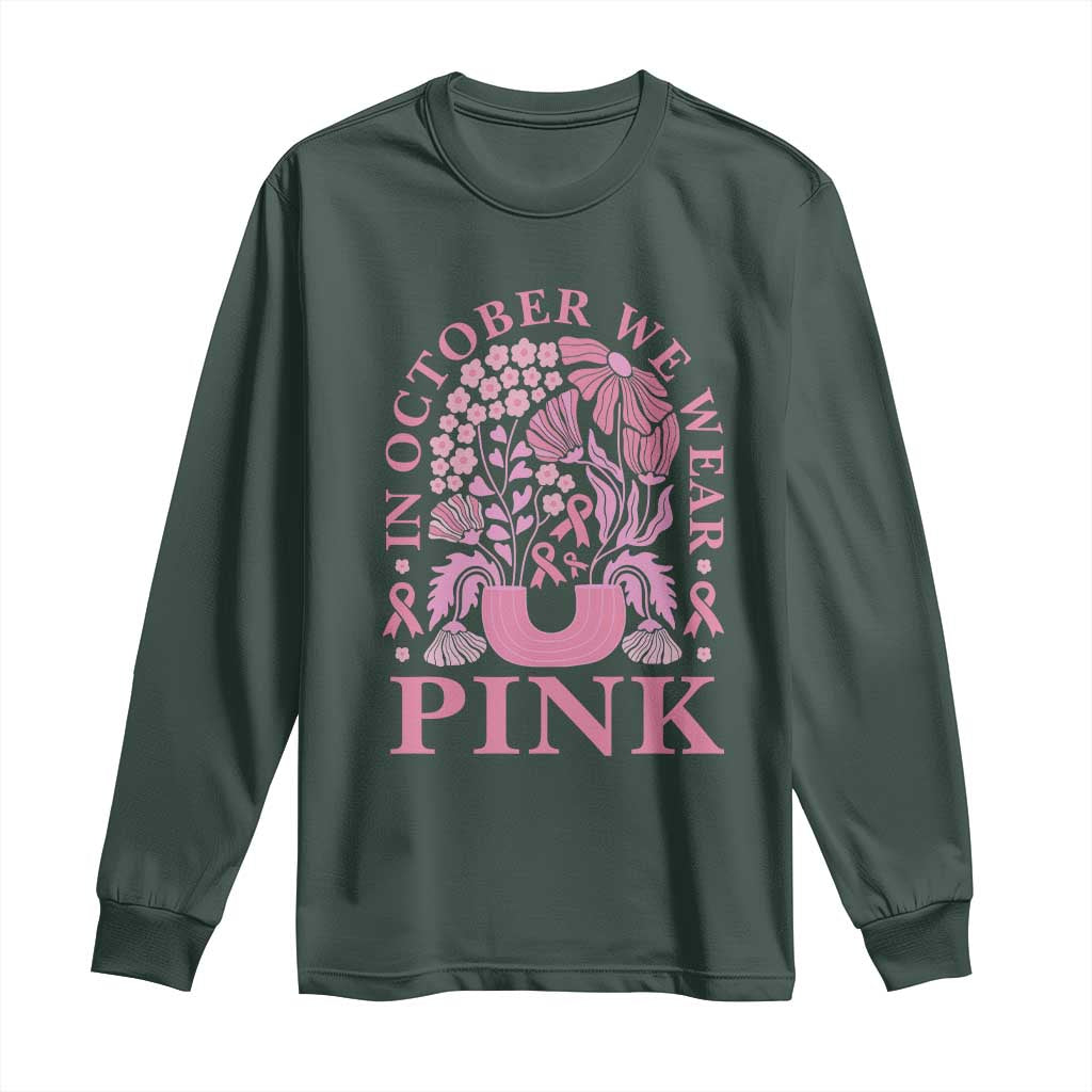 Breast Cancer Awareness Month Long Sleeve Shirt Boho Floral Vintage Floral Pink Ribbon TS10 Dark Forest Green Print Your Wear