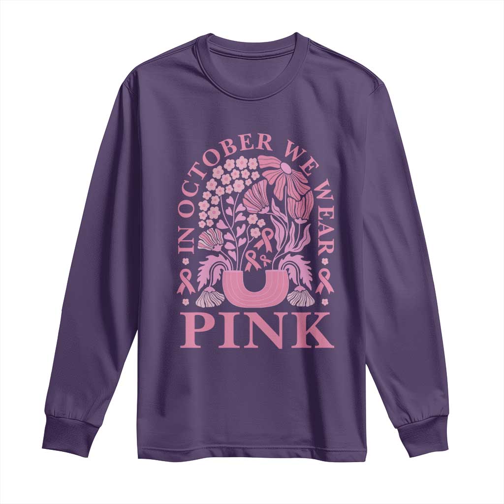 Breast Cancer Awareness Month Long Sleeve Shirt Boho Floral Vintage Floral Pink Ribbon TS10 Purple Print Your Wear