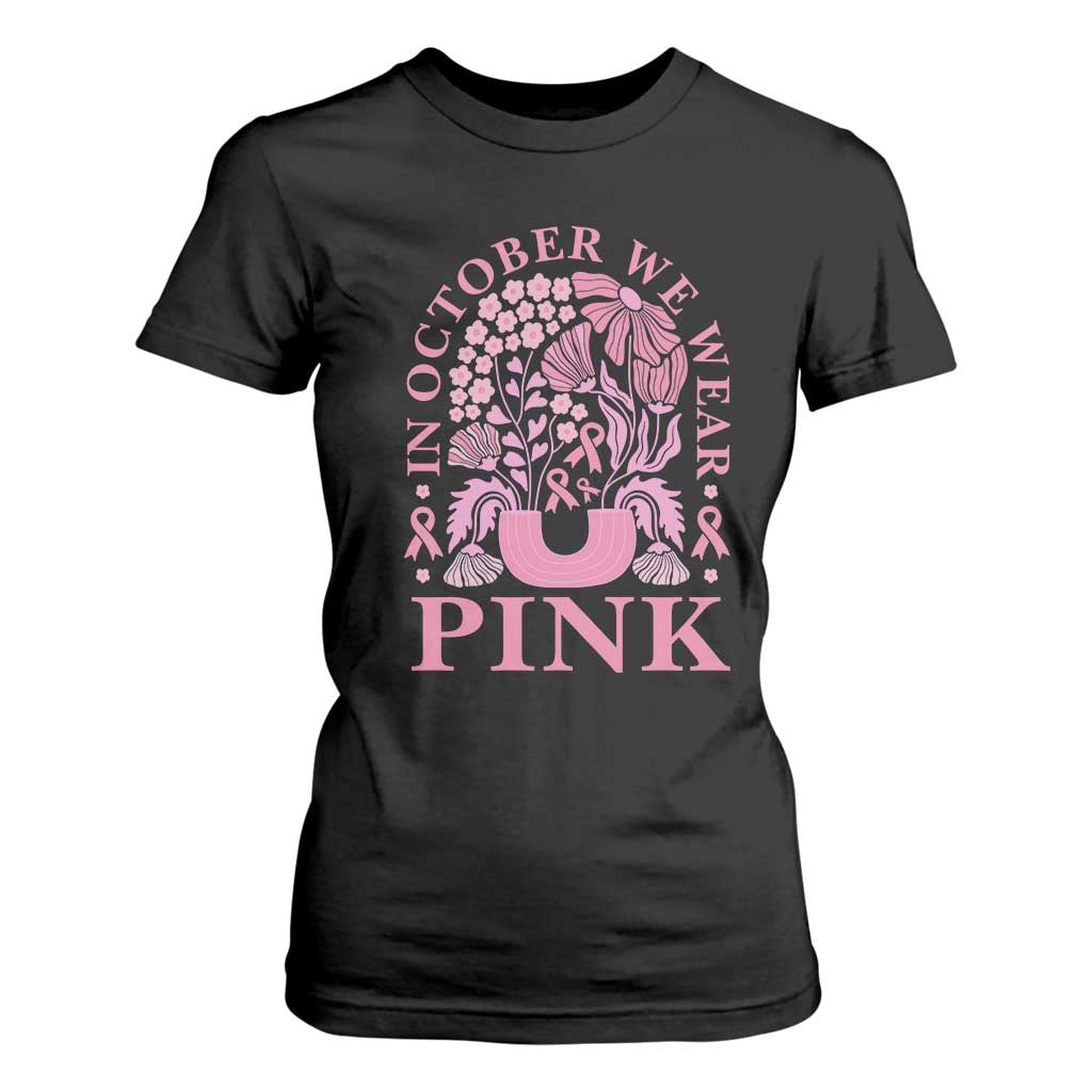 Breast Cancer Awareness Month T Shirt For Women Boho Floral Vintage Floral Pink Ribbon TS10 Black Print Your Wear