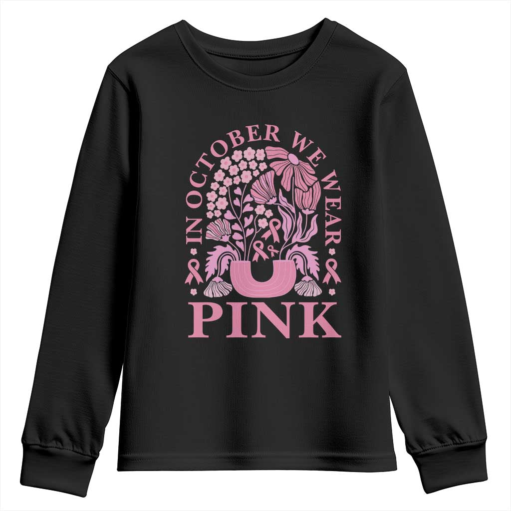Breast Cancer Awareness Month Youth Sweatshirt Boho Floral Vintage Floral Pink Ribbon TS10 Black Print Your Wear