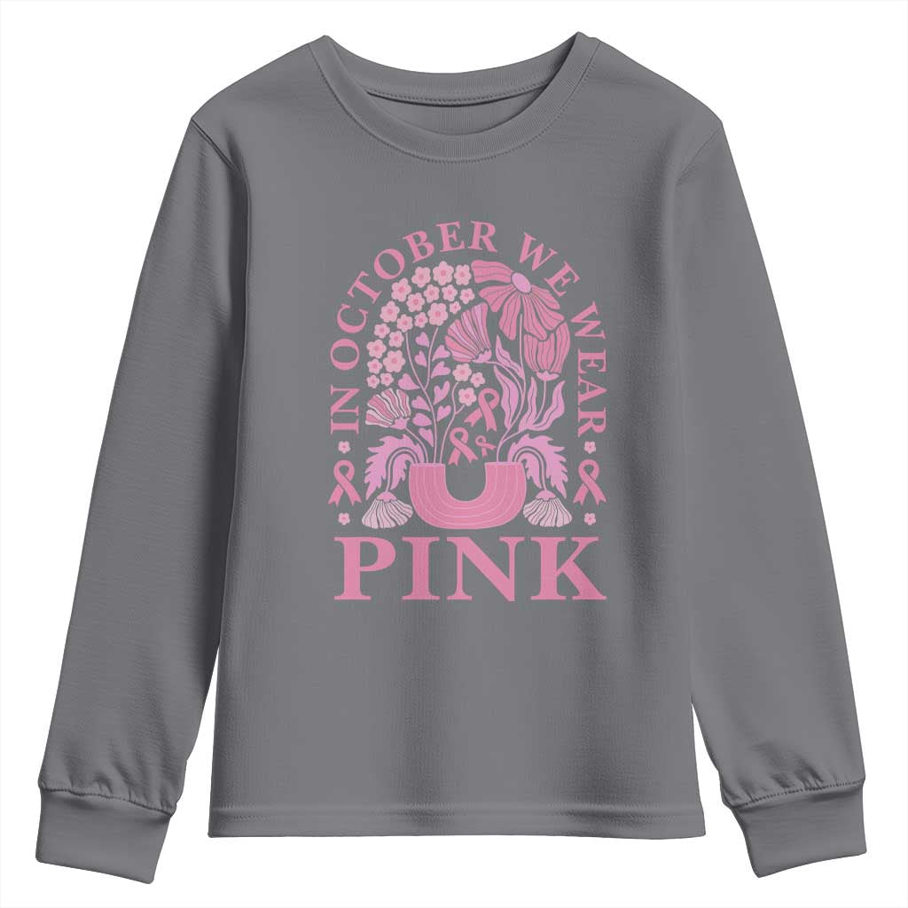 Breast Cancer Awareness Month Youth Sweatshirt Boho Floral Vintage Floral Pink Ribbon TS10 Charcoal Print Your Wear
