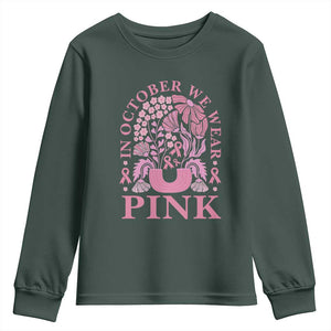 Breast Cancer Awareness Month Youth Sweatshirt Boho Floral Vintage Floral Pink Ribbon TS10 Dark Forest Green Print Your Wear