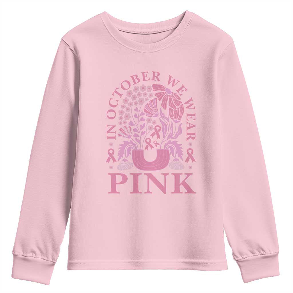 Breast Cancer Awareness Month Youth Sweatshirt Boho Floral Vintage Floral Pink Ribbon TS10 Light Pink Print Your Wear