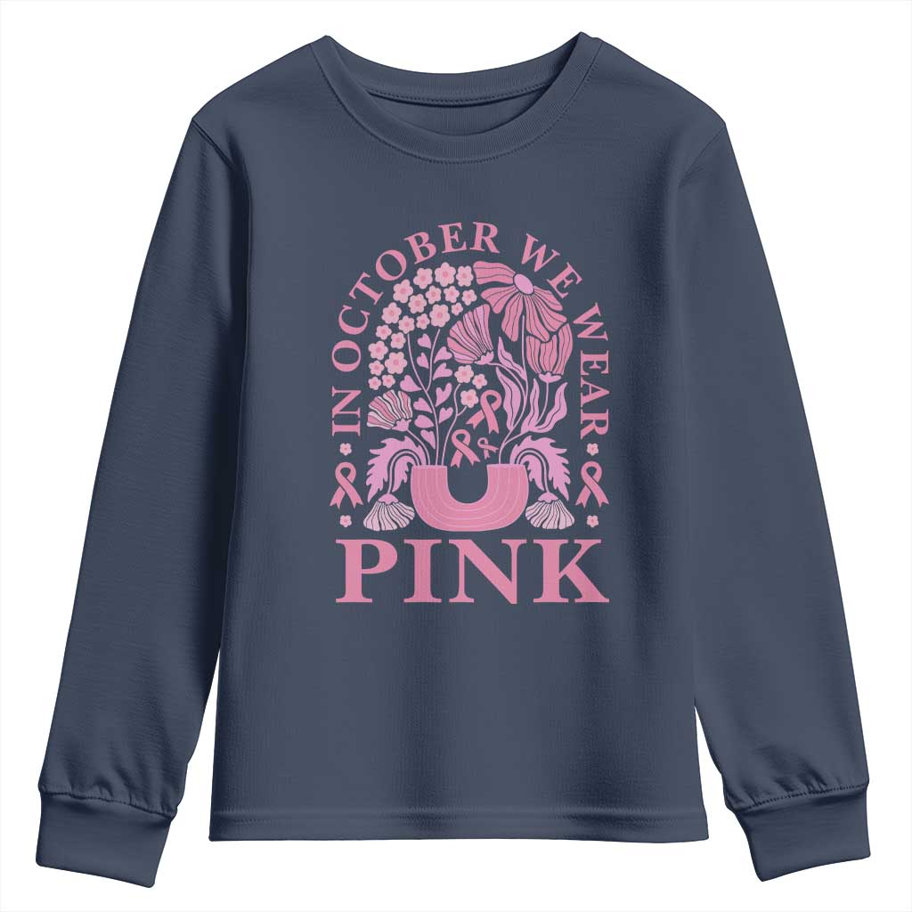 Breast Cancer Awareness Month Youth Sweatshirt Boho Floral Vintage Floral Pink Ribbon TS10 Navy Print Your Wear