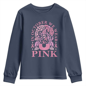 Breast Cancer Awareness Month Youth Sweatshirt Boho Floral Vintage Floral Pink Ribbon TS10 Navy Print Your Wear