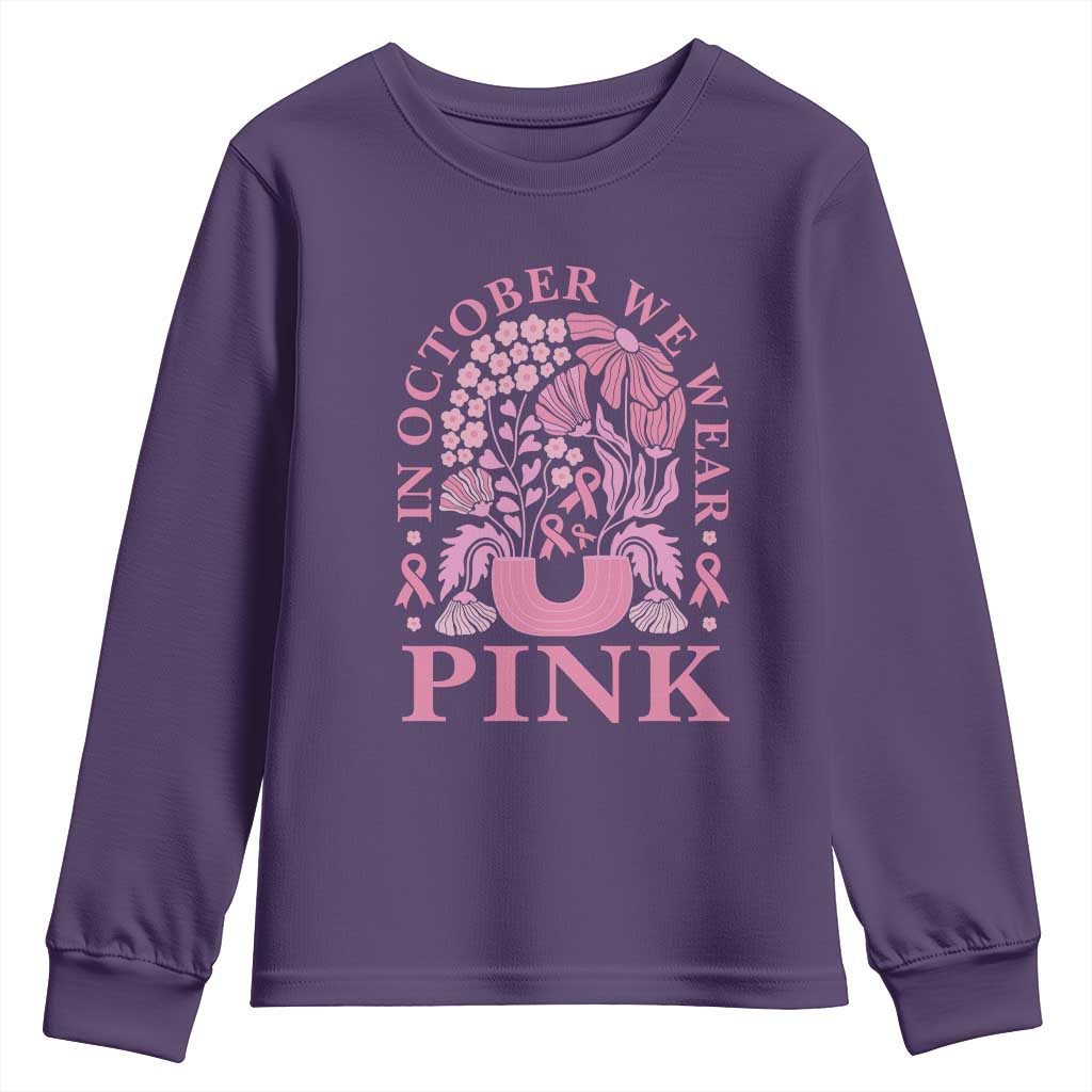 Breast Cancer Awareness Month Youth Sweatshirt Boho Floral Vintage Floral Pink Ribbon TS10 Purple Print Your Wear