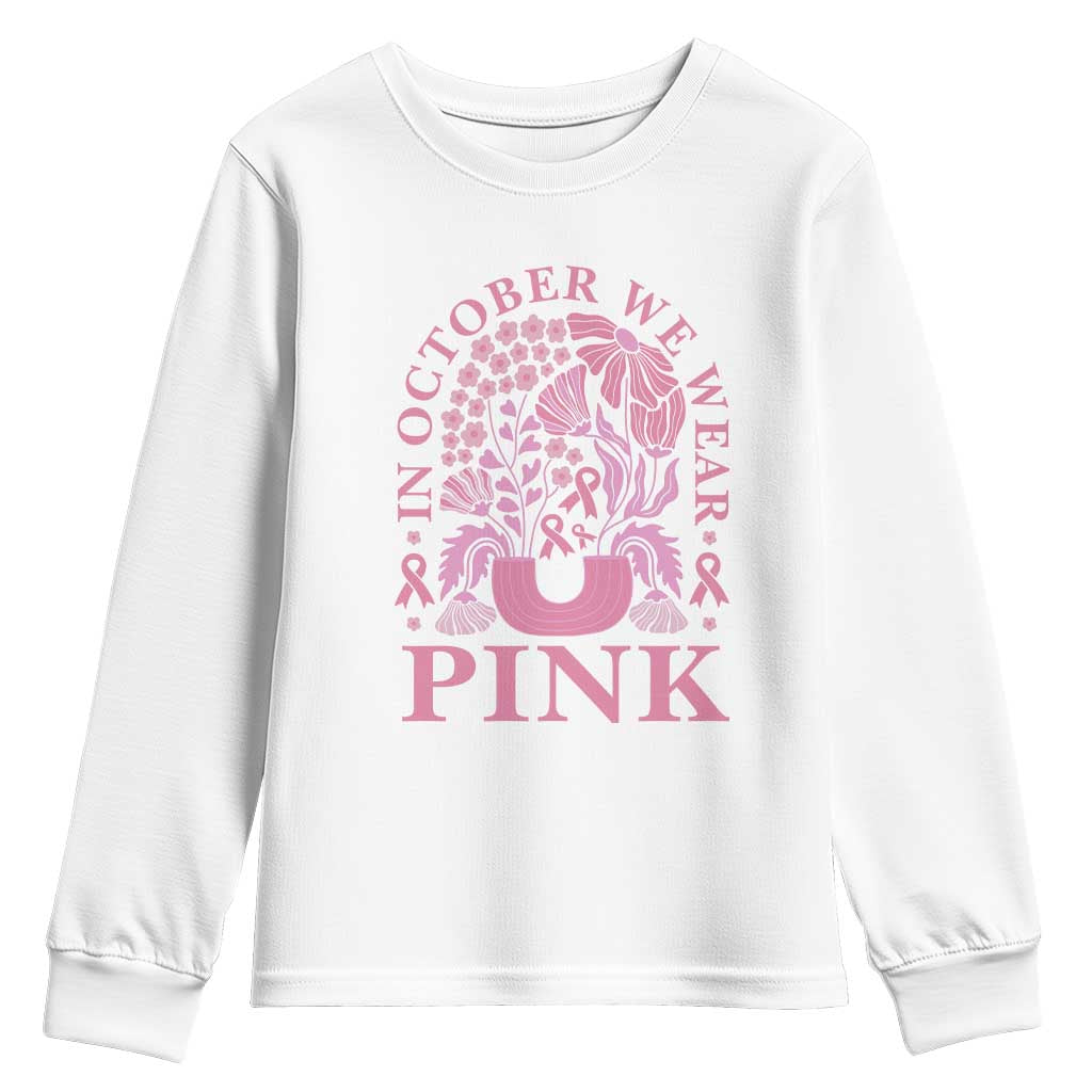 Breast Cancer Awareness Month Youth Sweatshirt Boho Floral Vintage Floral Pink Ribbon TS10 White Print Your Wear
