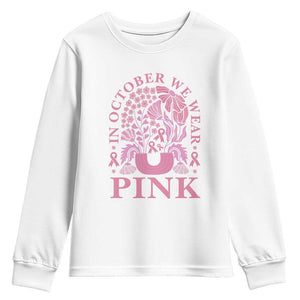 Breast Cancer Awareness Month Youth Sweatshirt Boho Floral Vintage Floral Pink Ribbon TS10 White Print Your Wear