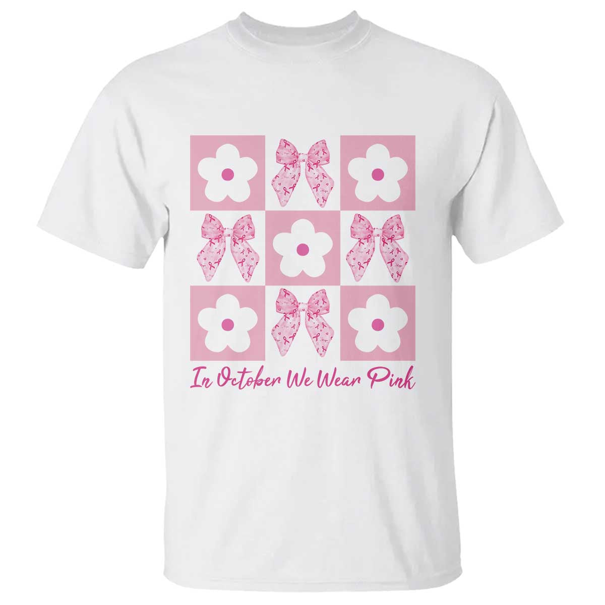 Breast Cancer Awareness Month T Shirt In October We Wear Pink Coquette Bow Boho Floral Gift For Mom TS10 White Print Your Wear