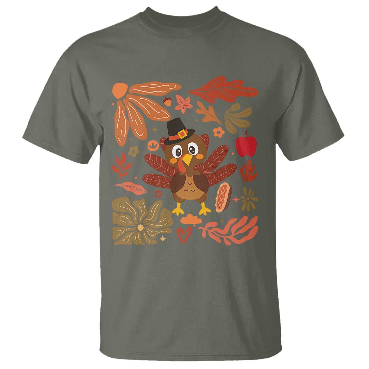 Thanksgiving Turkey T Shirt Retro Boho Floral Fall TS10 Military Green Print Your Wear