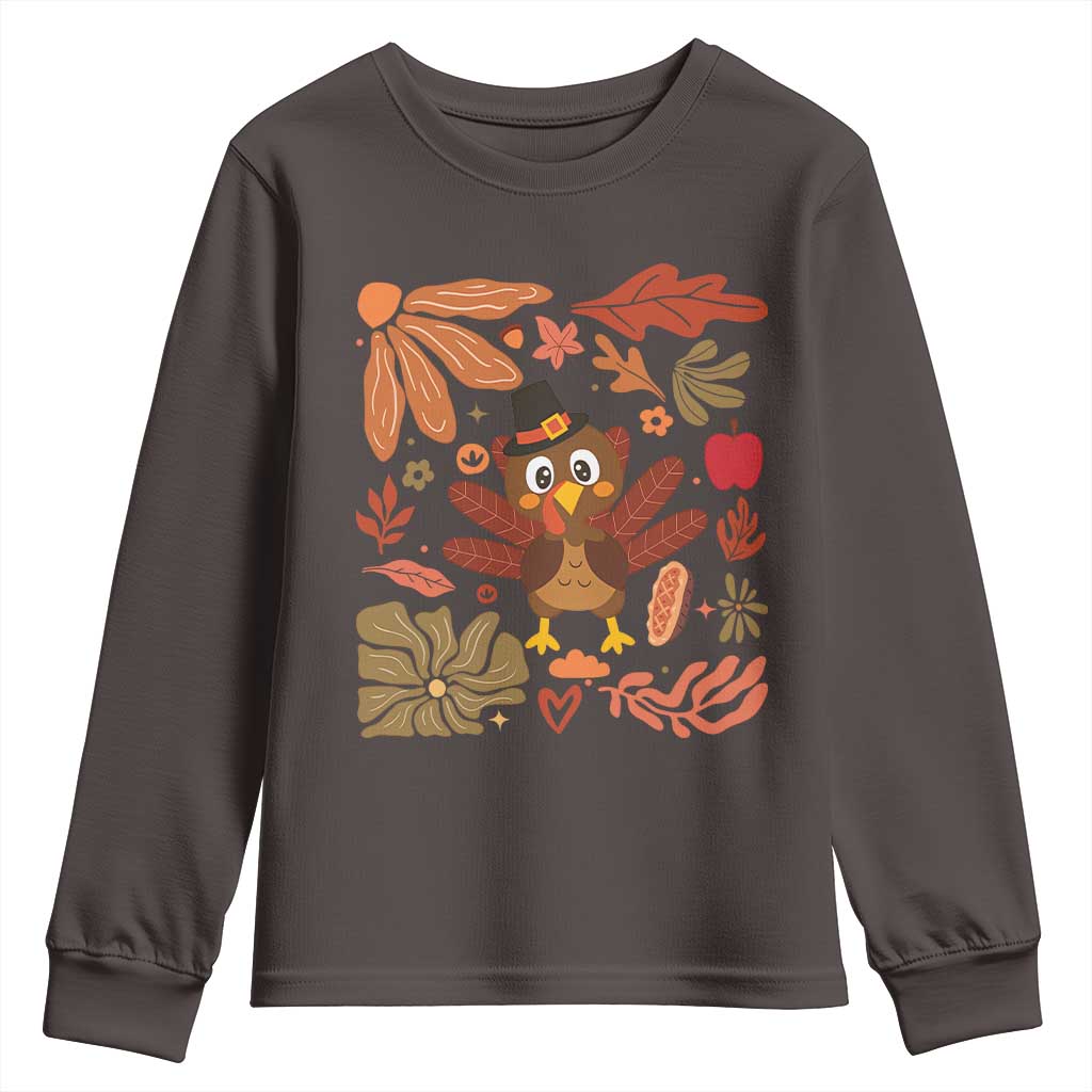 Thanksgiving Turkey Youth Sweatshirt Retro Boho Floral Fall TS10 Dark Chocolate Print Your Wear
