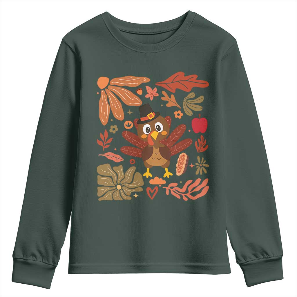 Thanksgiving Turkey Youth Sweatshirt Retro Boho Floral Fall TS10 Dark Forest Green Print Your Wear
