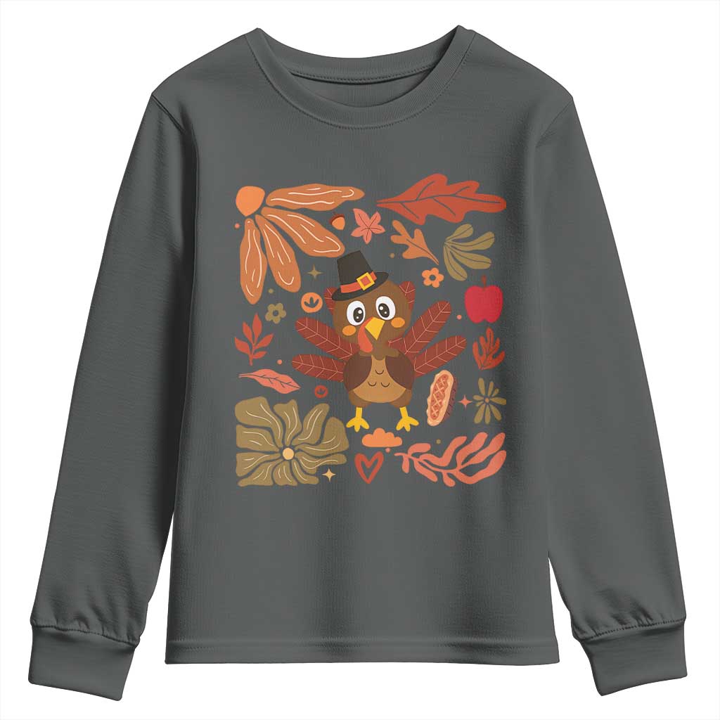Thanksgiving Turkey Youth Sweatshirt Retro Boho Floral Fall TS10 Dark Heather Print Your Wear