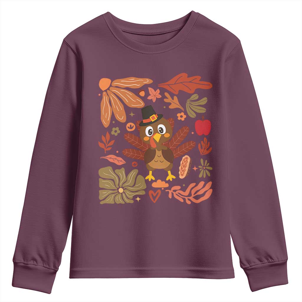 Thanksgiving Turkey Youth Sweatshirt Retro Boho Floral Fall TS10 Maroon Print Your Wear
