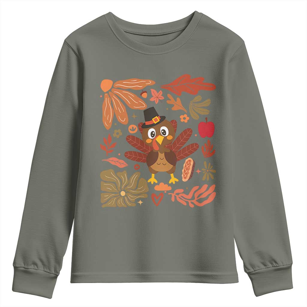 Thanksgiving Turkey Youth Sweatshirt Retro Boho Floral Fall TS10 Military Green Print Your Wear