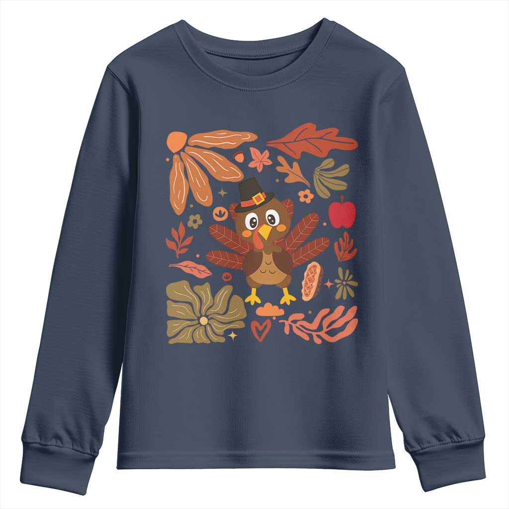 Thanksgiving Turkey Youth Sweatshirt Retro Boho Floral Fall TS10 Navy Print Your Wear