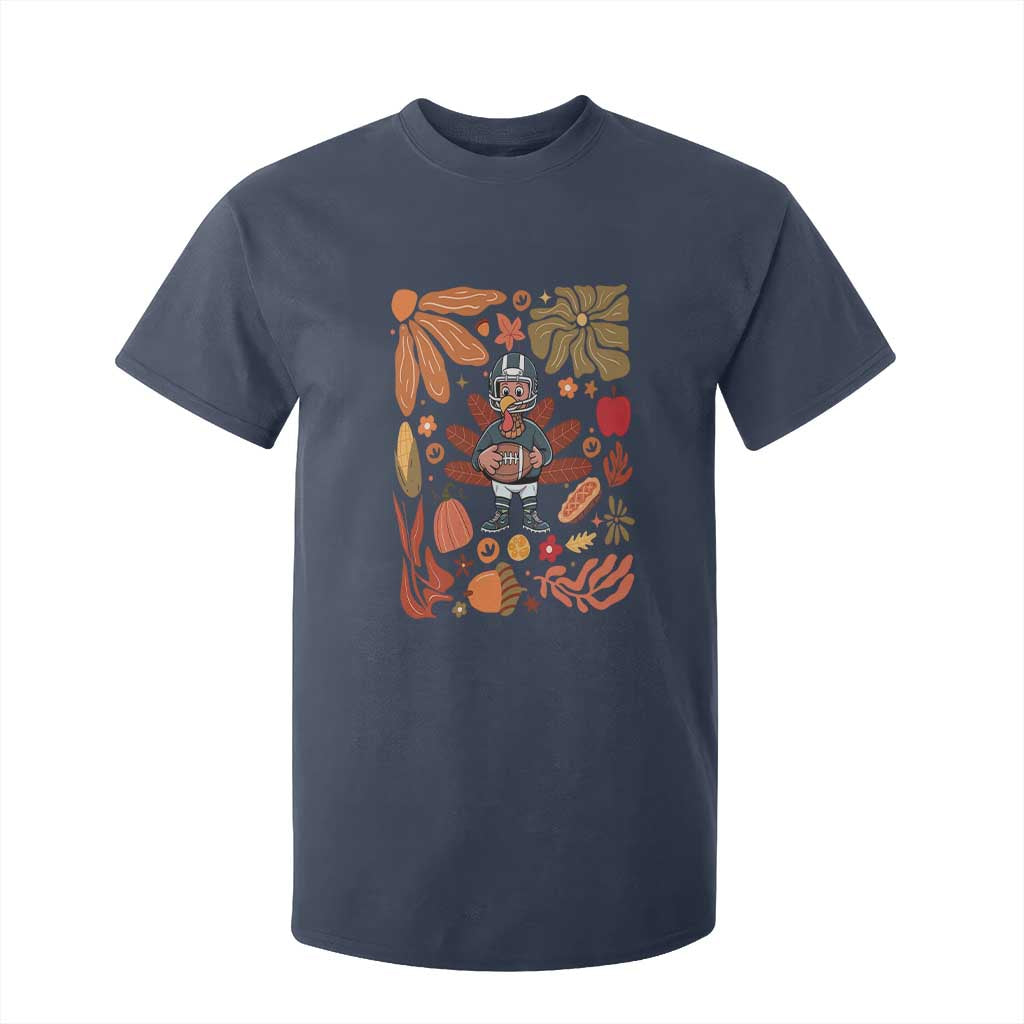 Thanksgiving Turkey And Touchdowns Football T Shirt For Kid Boho Floral Game Day Fall Vibes TS10 Navy Print Your Wear