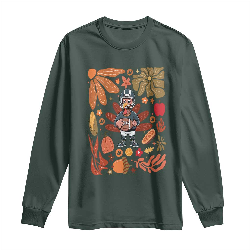 Thanksgiving Turkey And Touchdowns Football Long Sleeve Shirt Boho Floral Game Day Fall Vibes TS10 Dark Forest Green Print Your Wear