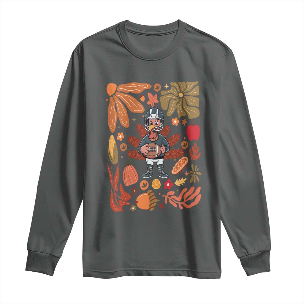 Thanksgiving Turkey And Touchdowns Football Long Sleeve Shirt Boho Floral Game Day Fall Vibes TS10 Dark Heather Print Your Wear