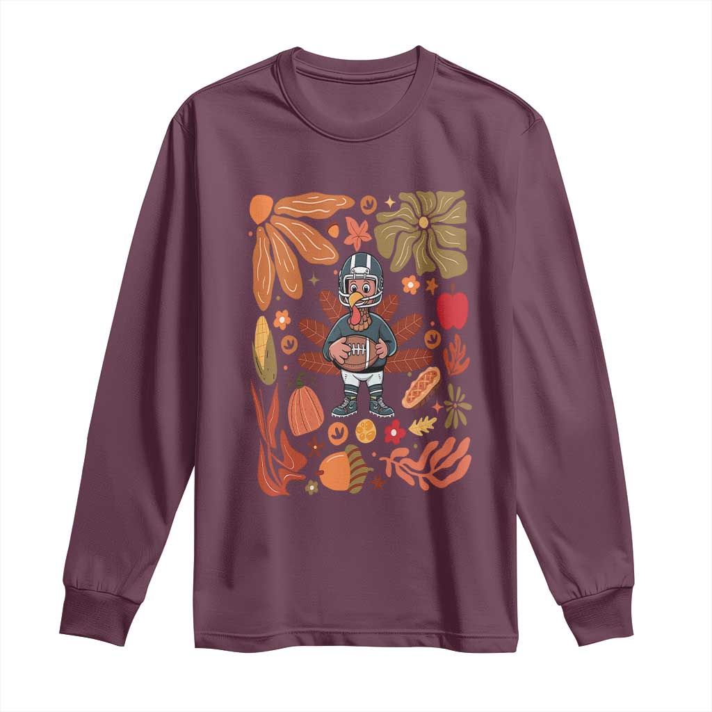 Thanksgiving Turkey And Touchdowns Football Long Sleeve Shirt Boho Floral Game Day Fall Vibes TS10 Maroon Print Your Wear