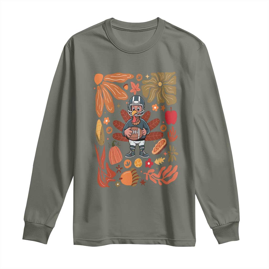 Thanksgiving Turkey And Touchdowns Football Long Sleeve Shirt Boho Floral Game Day Fall Vibes TS10 Military Green Print Your Wear