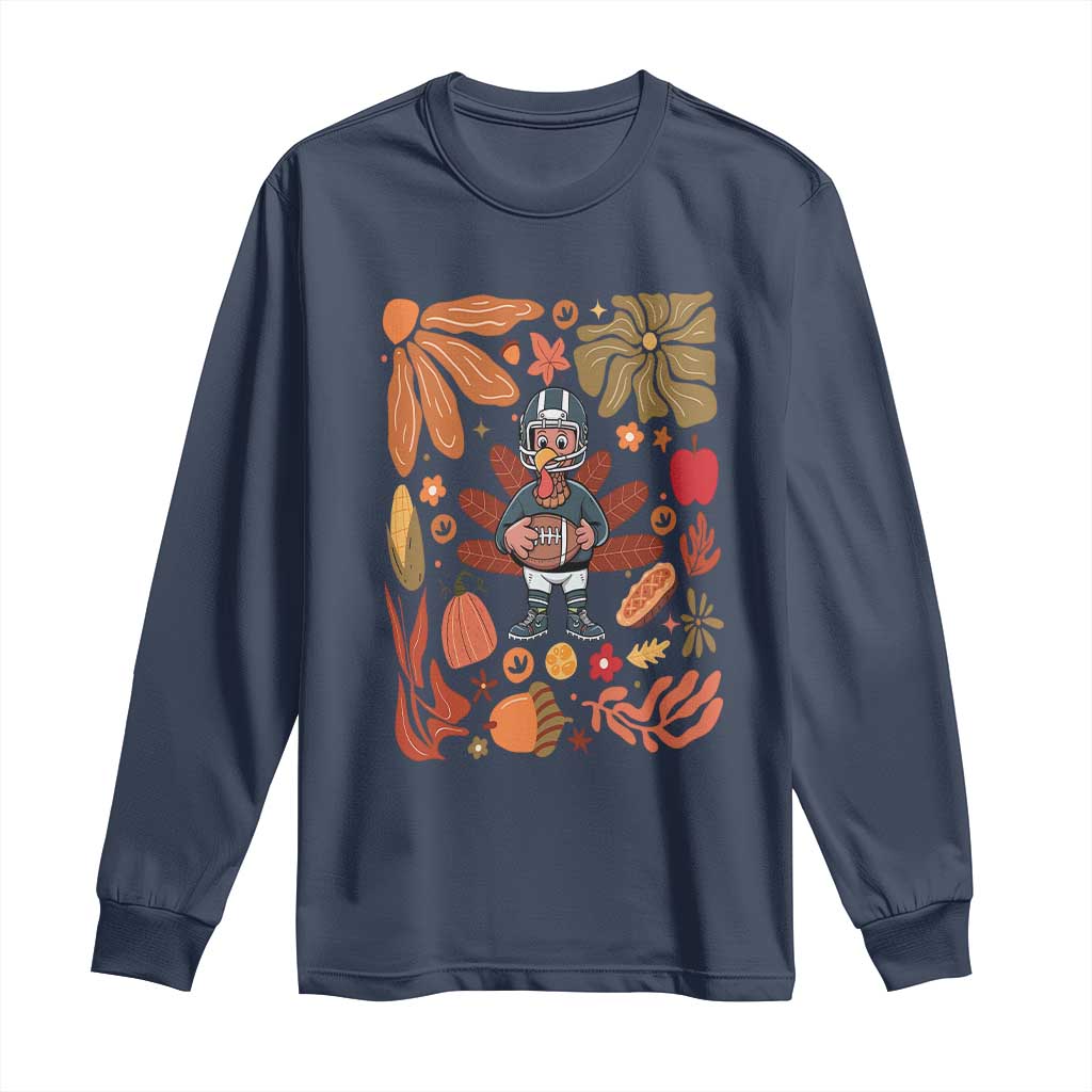 Thanksgiving Turkey And Touchdowns Football Long Sleeve Shirt Boho Floral Game Day Fall Vibes TS10 Navy Print Your Wear