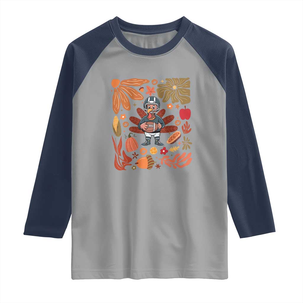 Thanksgiving Turkey And Touchdowns Football Raglan Shirt Boho Floral Game Day Fall Vibes TS10 Sport Gray Navy Print Your Wear
