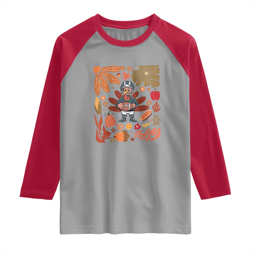 Thanksgiving Turkey And Touchdowns Football Raglan Shirt Boho Floral Game Day Fall Vibes TS10 Sport Gray Red Print Your Wear