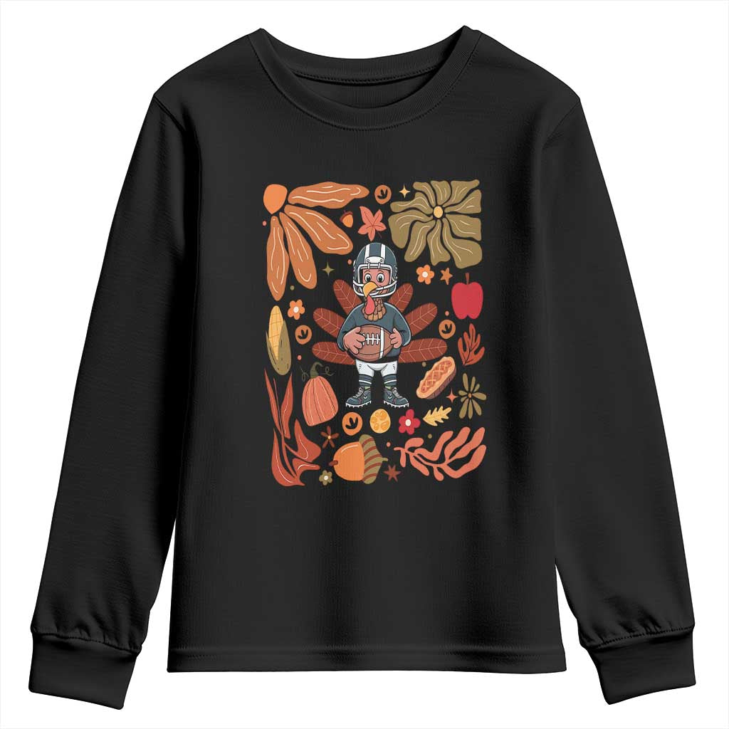Thanksgiving Turkey And Touchdowns Football Youth Sweatshirt Boho Floral Game Day Fall Vibes TS10 Black Print Your Wear