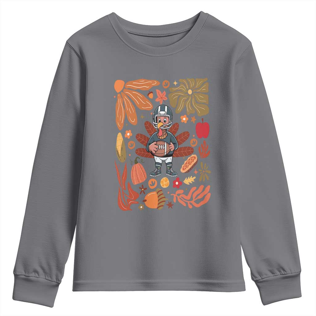 Thanksgiving Turkey And Touchdowns Football Youth Sweatshirt Boho Floral Game Day Fall Vibes TS10 Charcoal Print Your Wear