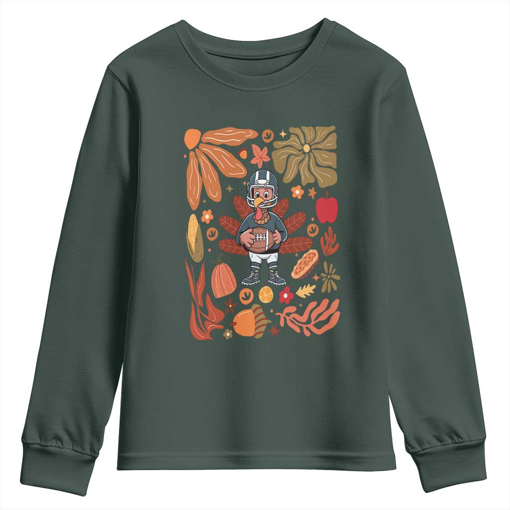 Thanksgiving Turkey And Touchdowns Football Youth Sweatshirt Boho Floral Game Day Fall Vibes TS10 Dark Forest Green Print Your Wear