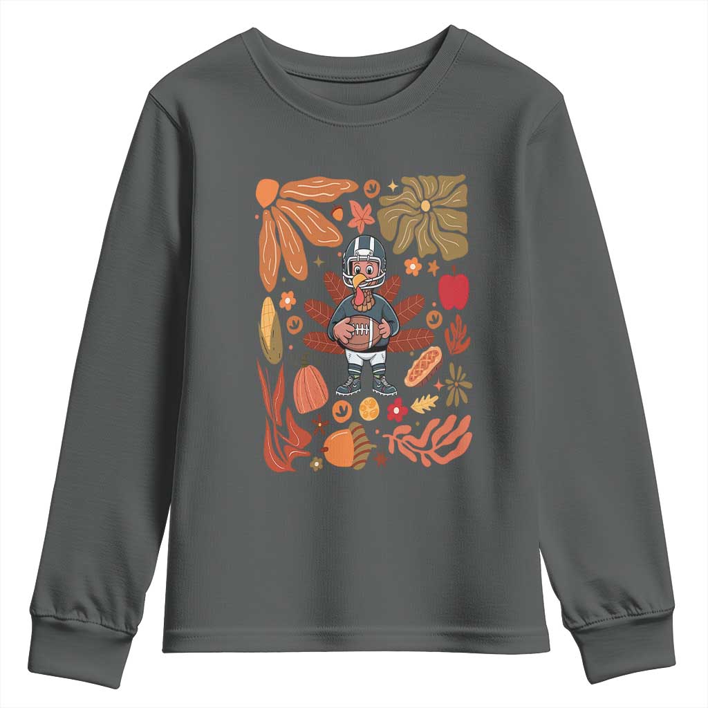 Thanksgiving Turkey And Touchdowns Football Youth Sweatshirt Boho Floral Game Day Fall Vibes TS10 Dark Heather Print Your Wear