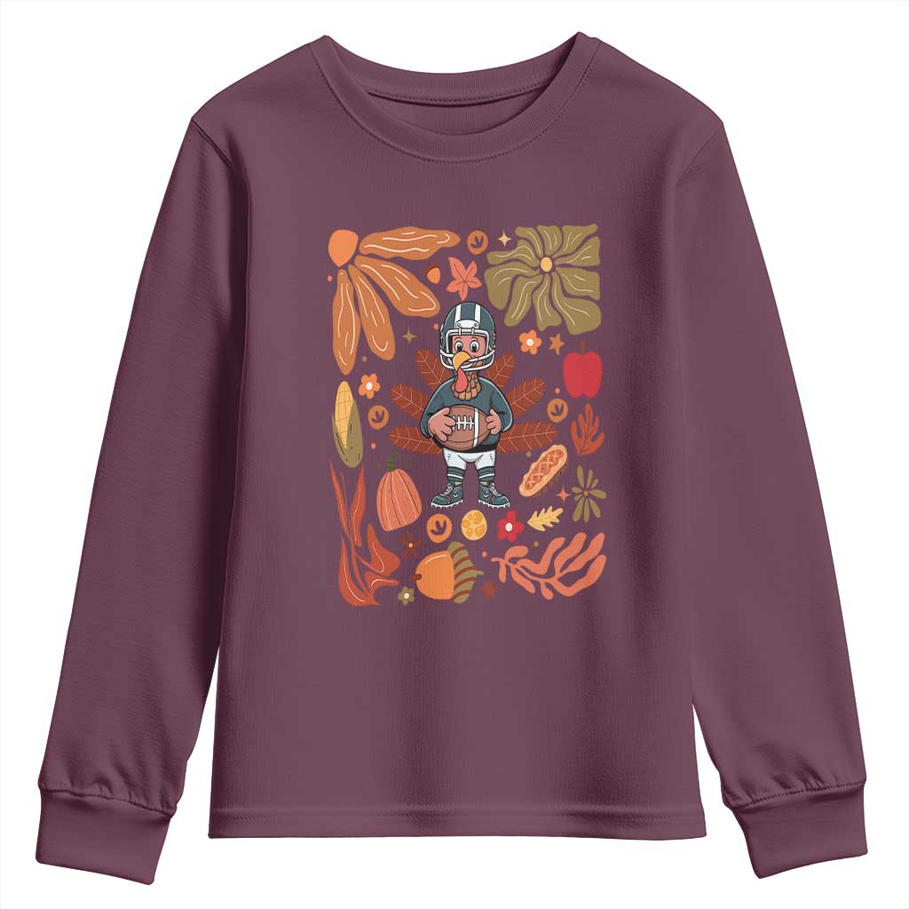 Thanksgiving Turkey And Touchdowns Football Youth Sweatshirt Boho Floral Game Day Fall Vibes TS10 Maroon Print Your Wear