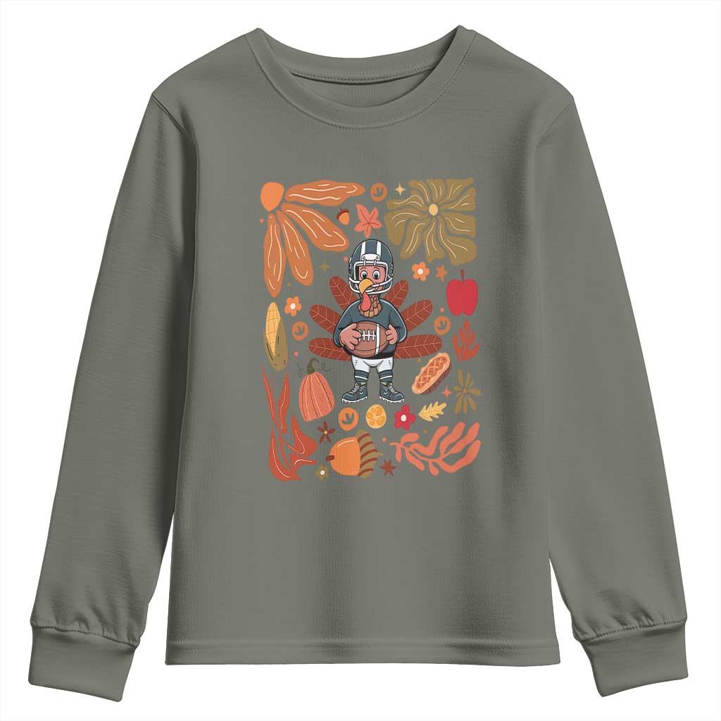 Thanksgiving Turkey And Touchdowns Football Youth Sweatshirt Boho Floral Game Day Fall Vibes TS10 Military Green Print Your Wear