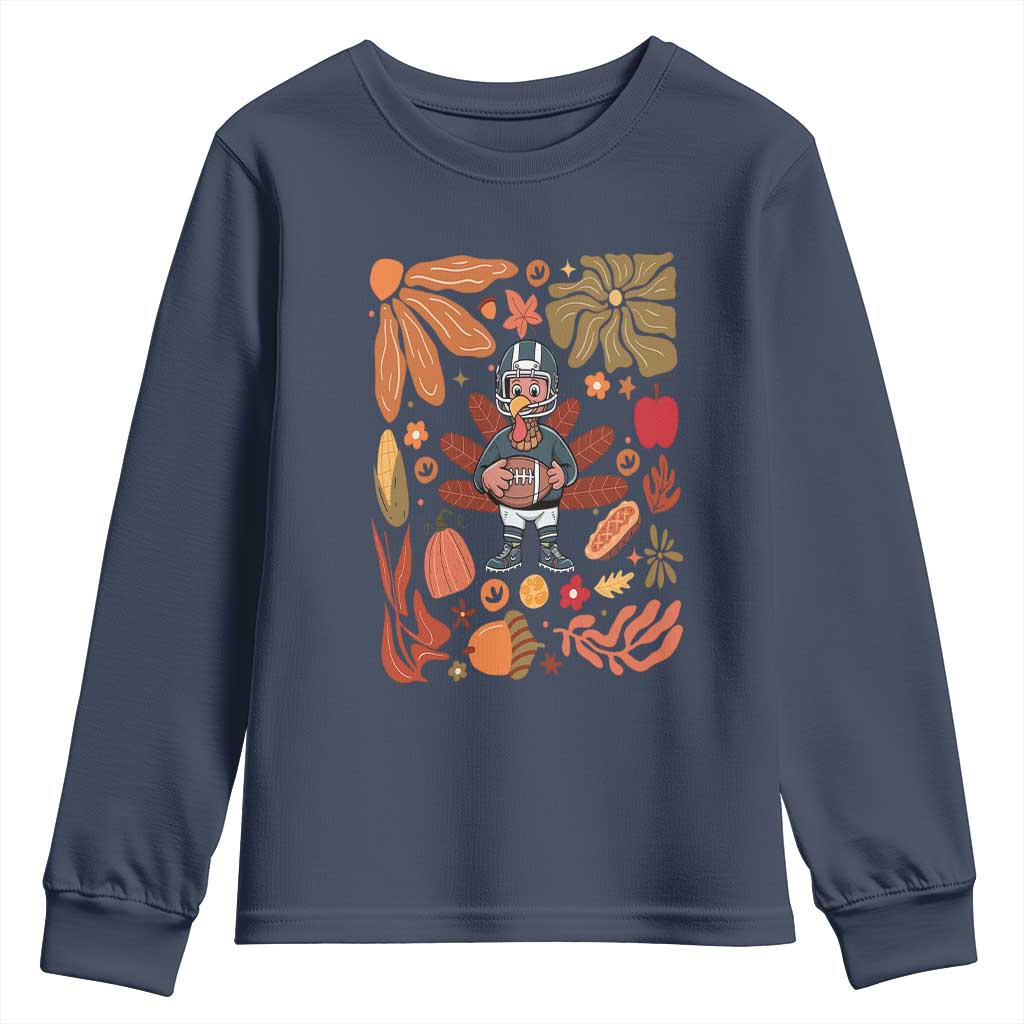 Thanksgiving Turkey And Touchdowns Football Youth Sweatshirt Boho Floral Game Day Fall Vibes TS10 Navy Print Your Wear