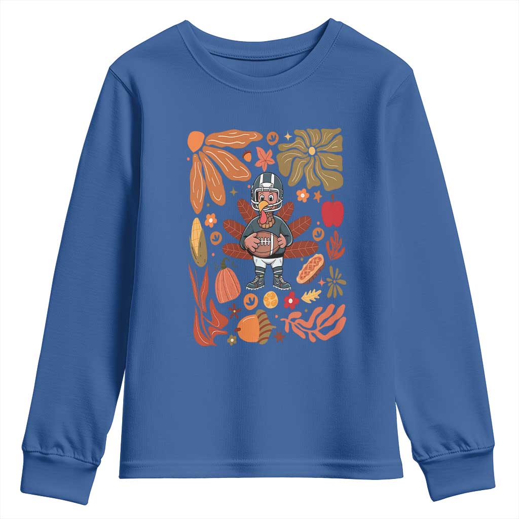 Thanksgiving Turkey And Touchdowns Football Youth Sweatshirt Boho Floral Game Day Fall Vibes TS10 Royal Blue Print Your Wear